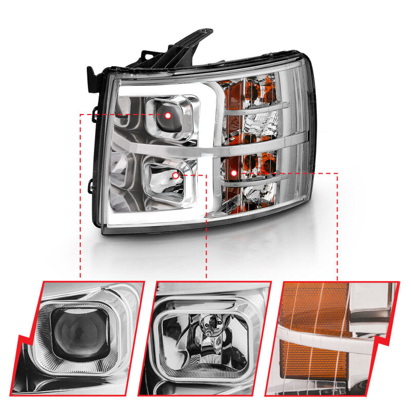 ANZO 2007-2013 Chevy Silverado 1500 Projector Plank Style Chrome Amber Headlights ANZO