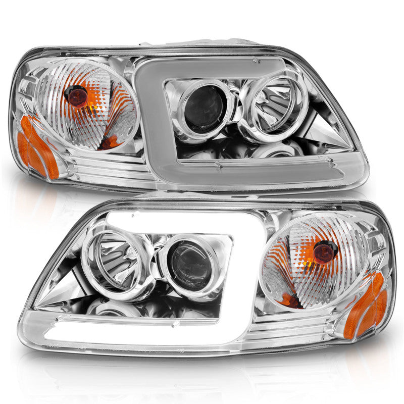 ANZO 1997-2003 Ford F-150 Projector Headlights w/ Light Bar Chrome Housing Headlights ANZO
