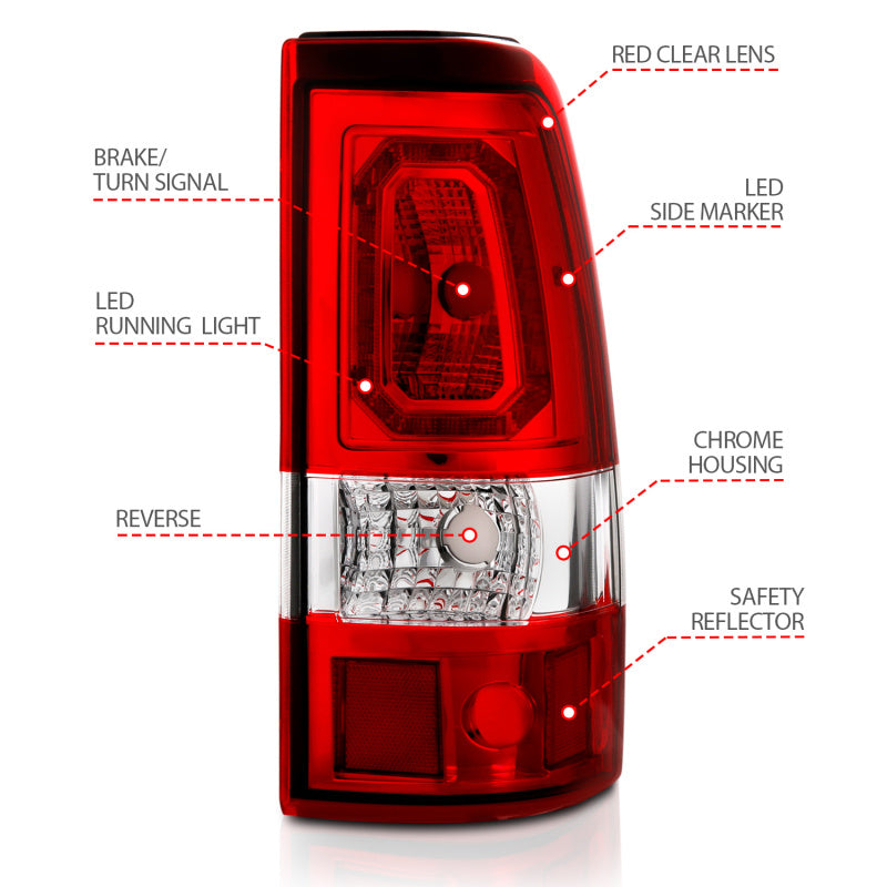 ANZO 1999-2002 Chevy Silverado 1500 LED Taillights Plank Style Chrome With Red/Clear Lens Tail Lights ANZO