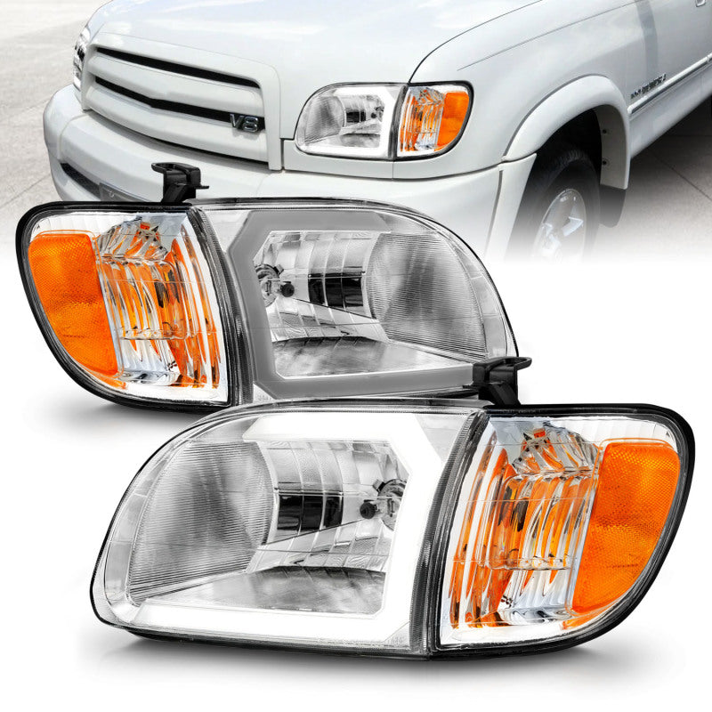 ANZO 00-04 Toyota Tundra (Reg/Acc Cab Only) Crystal Headlights w/Lgt Bar Chrome w/Corner Lights 2pc Headlights ANZO