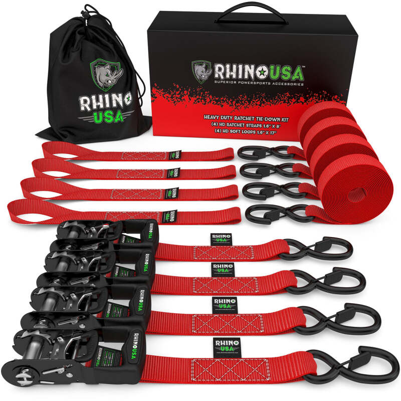 Rhino USA Heavy Duty Ratchet Tie-Down 4-Pack (Red) 1.6In X 8Ft Cargo Tie-Downs Rhino USA