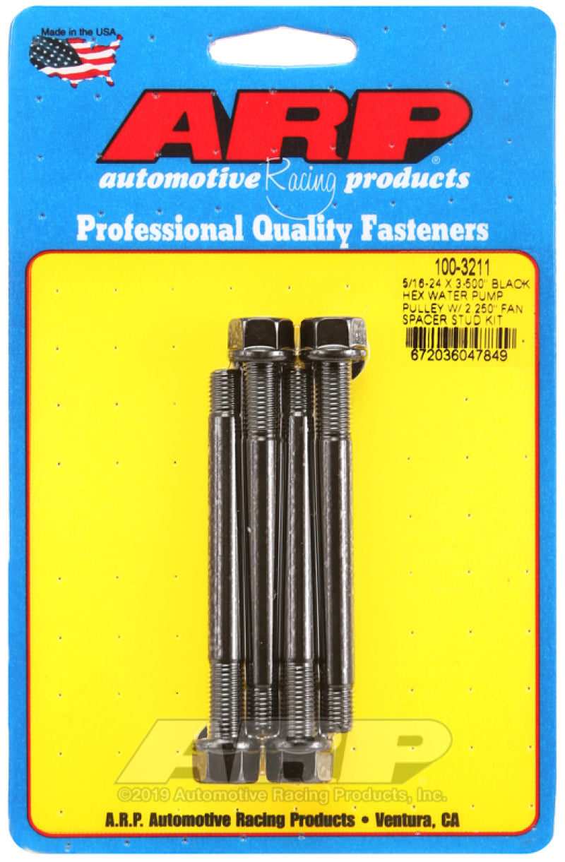ARP 5/16-24 X 3.500 Black Hex Water Pump Pulley w/ 2.250in Fan Spacer Stud Kit Hardware - Singles ARP