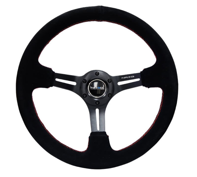 NRG Reinforced Steering Wheel (350mm / 3in. Deep) Blk Suede w/Red Stitching & 5mm Spokes w/Slits Steering Wheels NRG