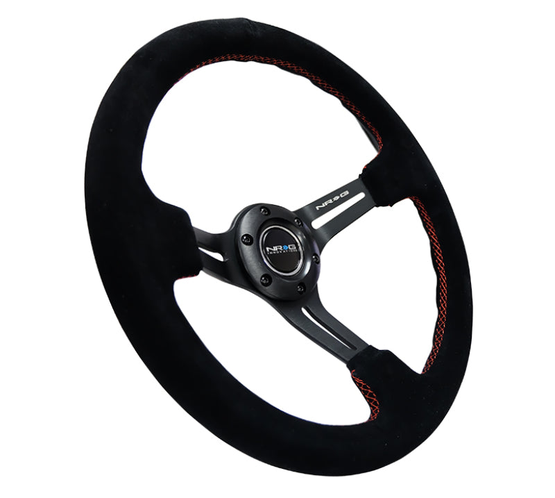 NRG Reinforced Steering Wheel (350mm / 3in. Deep) Blk Suede w/Red Stitching & 5mm Spokes w/Slits Steering Wheels NRG