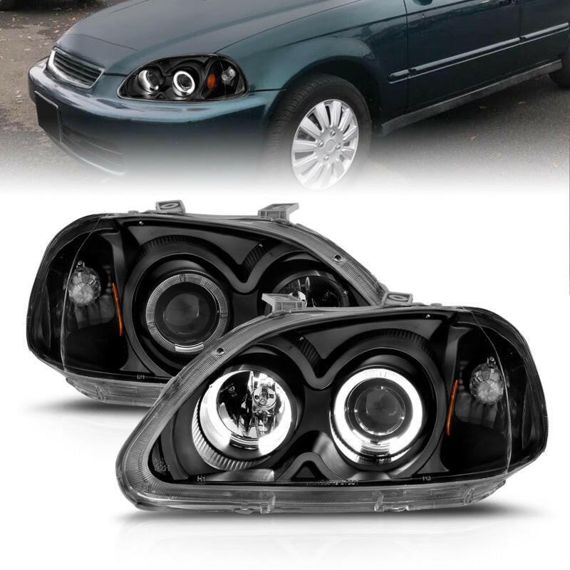 ANZO 1996-1998 Honda Civic Projector Headlights w/ Halo Black Headlights ANZO