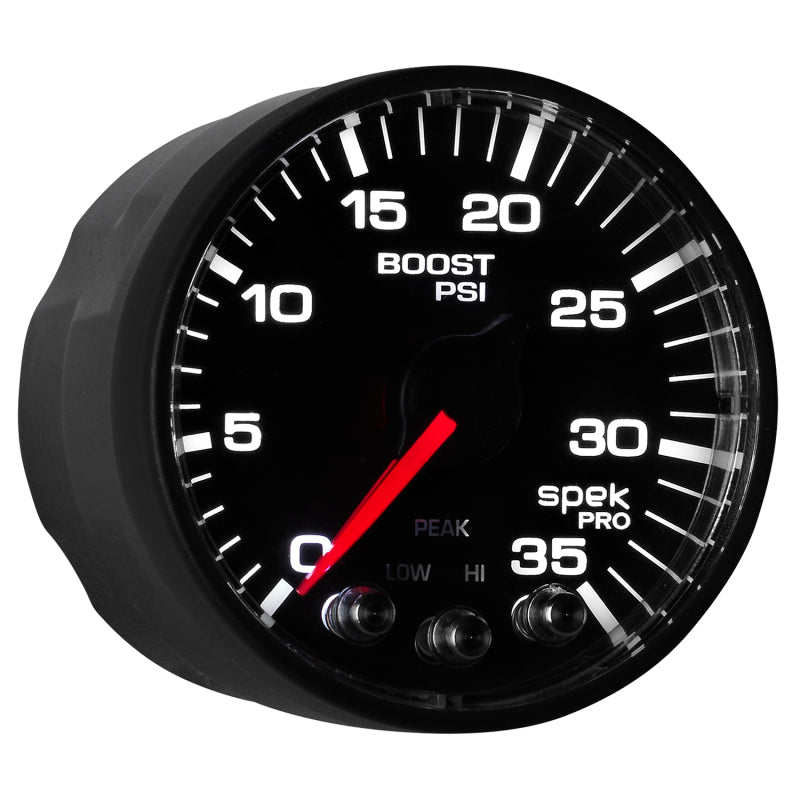 Autometer Spek-Pro Gauge Boost 2 1/16in 35psi Stepper Motor W/Peak & Warn Black/Black Gauges AutoMeter