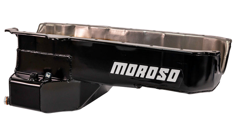 Moroso 80-85 Chevrolet SBC (w/Passenger Side Dipstick) Wet Sump 5.5qt 7.5in Steel Oil Pan - Black Oil Pans Moroso