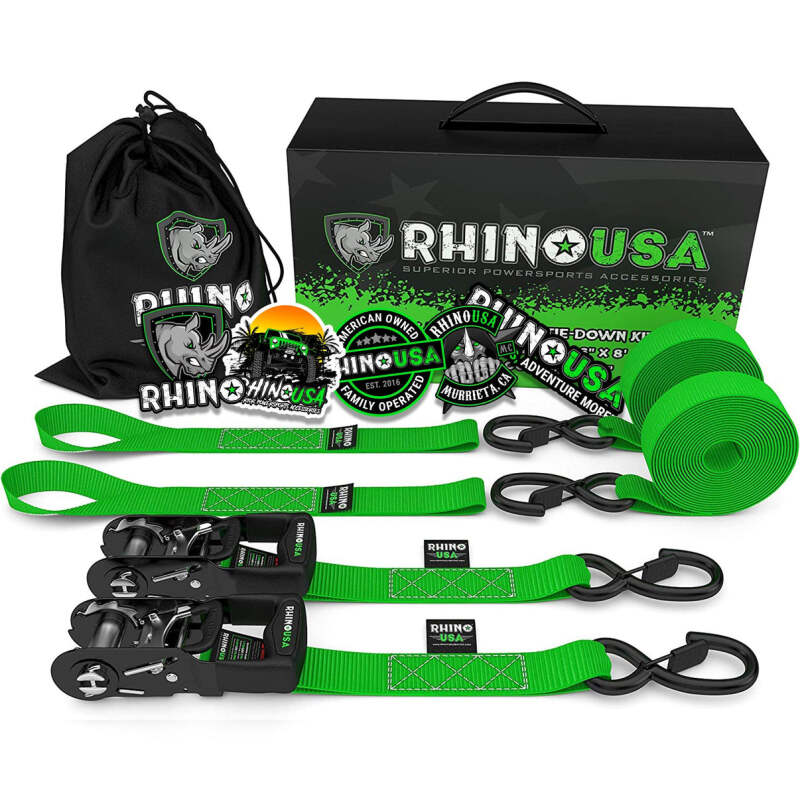 Rhino USA Heavy Duty Ratchet Tie-Downs 2-Pack (Green) 1.6In X 8Ft Cargo Tie-Downs Rhino USA
