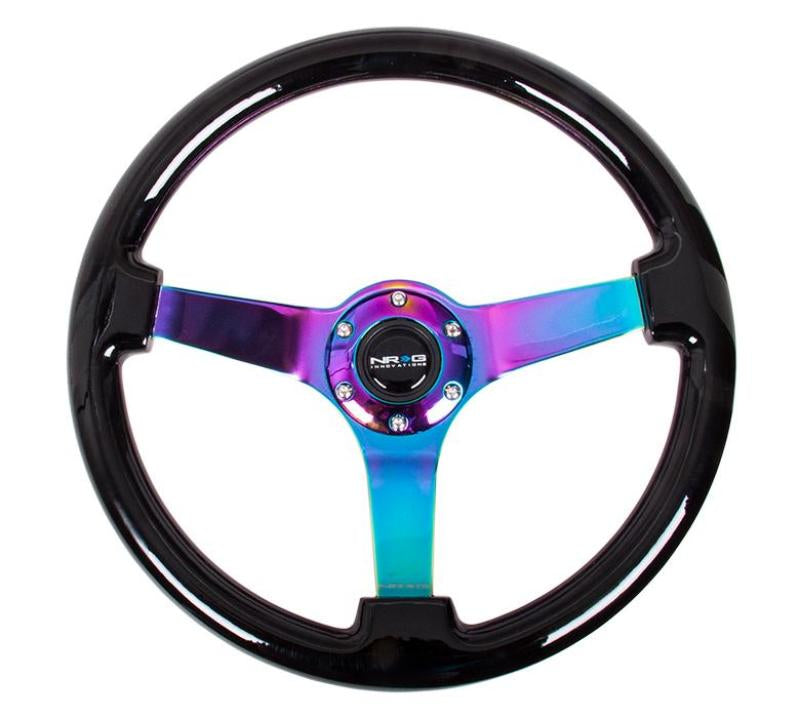 NRG Reinforced Steering Wheel (350mm / 3in Deep) Classic Blk Wood Grain w/Neochrome 3-Spoke Center Steering Wheels NRG