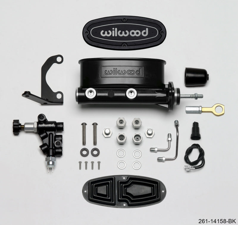 Wilwood HV Tandem M/C Kit w L/H Bracket & Prop Valve - 15/16in Bore Black-W/Push. - Early Mustang Brake Master Cylinder Wilwood