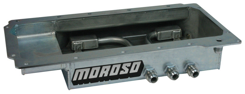 Moroso GM LS (w/Three Left Side Pick Ups) Fabricated Dry Sump 4in Steel Oil Pan Oil Pans Moroso