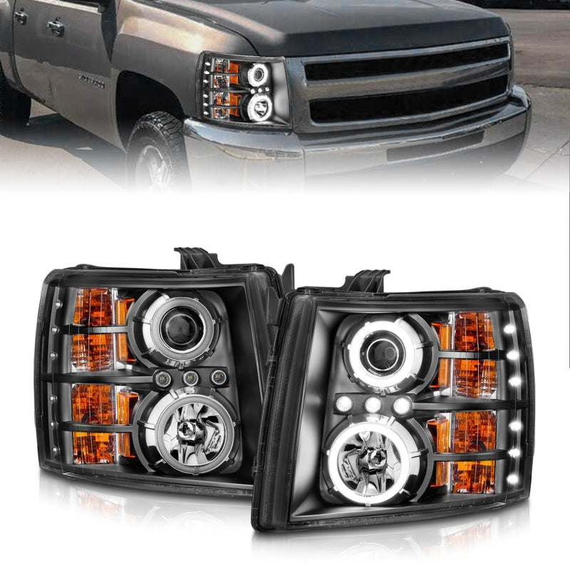ANZO 2007-2013 Chevrolet Silverado 1500 Projector Headlights w/ Halo Black Headlights ANZO