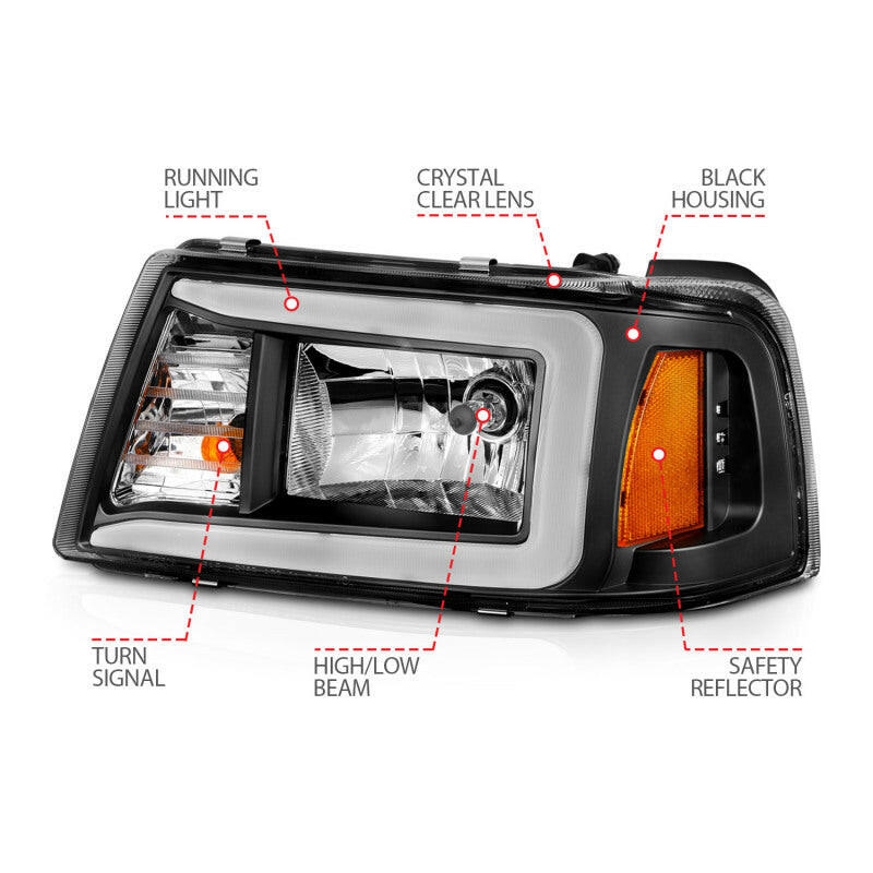 ANZO 2001-2011 Ford Ranger Crystal Headlights w/ Light Bar Black Housing Headlights ANZO