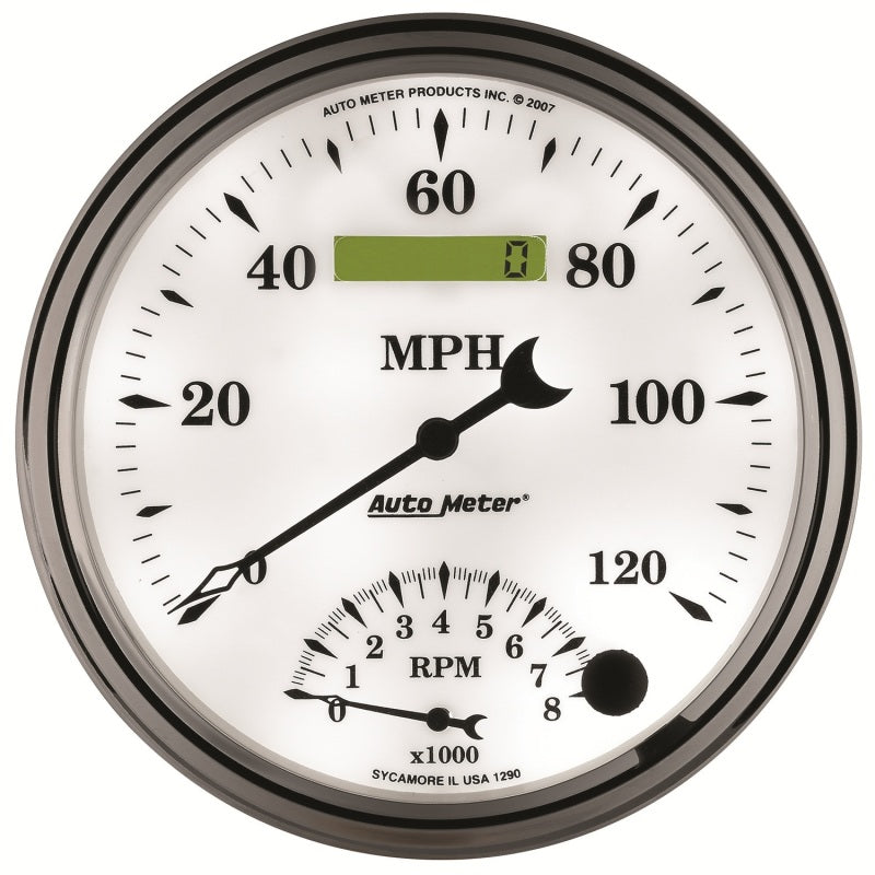 AutoMeter Gauge Tach/Speedo 5in. 120MPH & 8K RPM Elec. Program Old Tyme White II Gauges AutoMeter