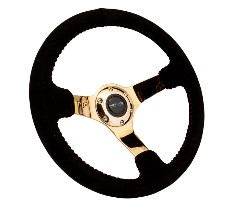 NRG Reinforced Steering Wheel (350mm / 3in. Deep) Blk Suede w/Red BBall Stitch & Chrome Gold 3-Spoke Steering Wheels NRG