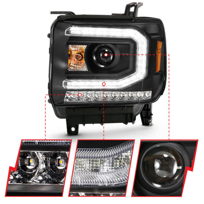 ANZO 2016-2019 GMC Sierra 1500 Projector Headlight Plank Style Black w/ Sequential Amber Signal Headlights ANZO