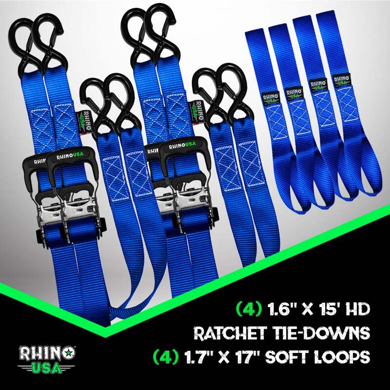 Rhino USA Heavy Duty Ratchet Tie-Down 4-Pack Blue 1.6In X 15Ft Cargo Tie-Downs Rhino USA