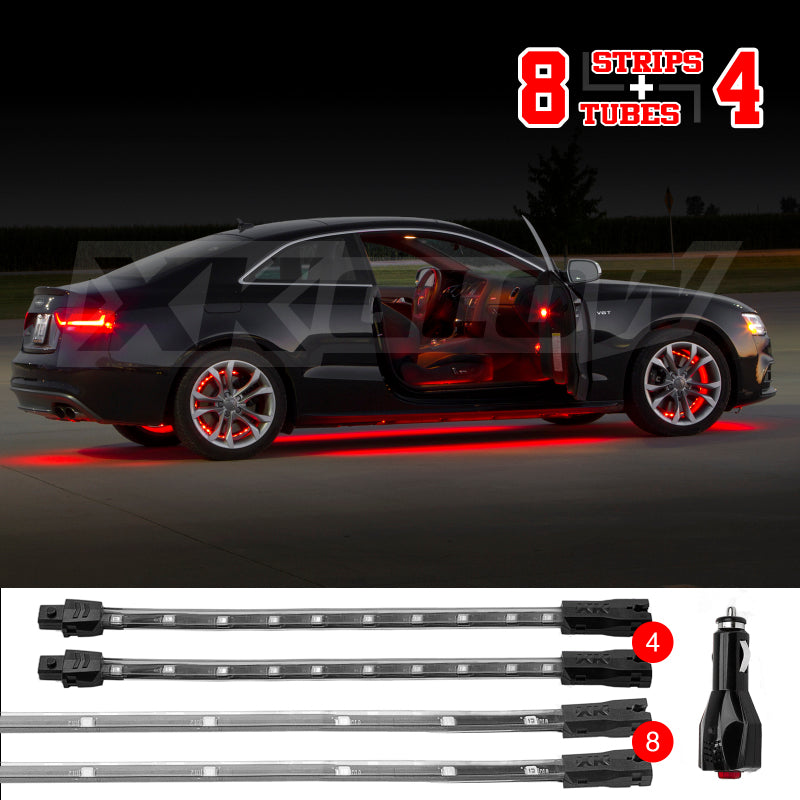 XK Glow Single Color XKGLOW UnderglowLED Accent Light Car/Truck Kit Red - 8x24In Tube + 4x8In Strip Light Accessories and Wiring XKGLOW