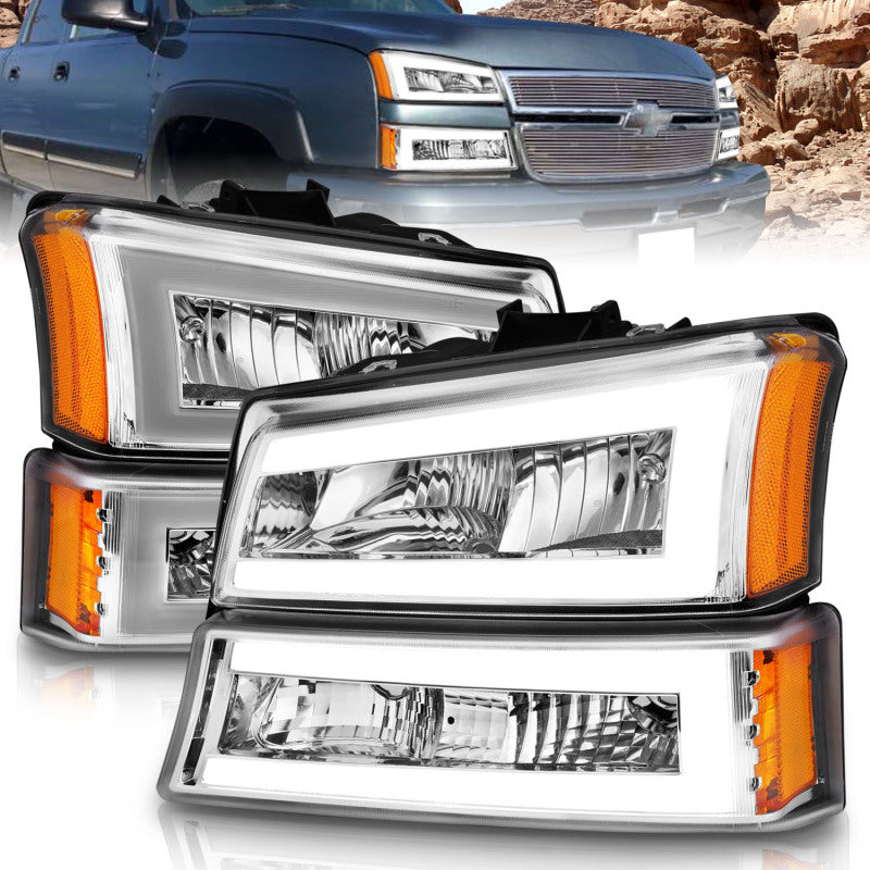 ANZO 2003-2006 Chevrolet Silverado 1500 Crystal Headlights w/ Light Bar Chrome Housing Headlights ANZO