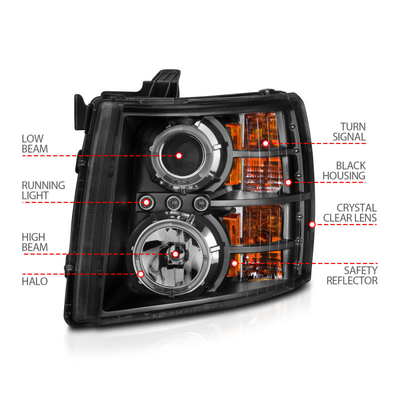 ANZO 2007-2013 Chevrolet Silverado 1500 Projector Headlights w/ Halo Black Headlights ANZO