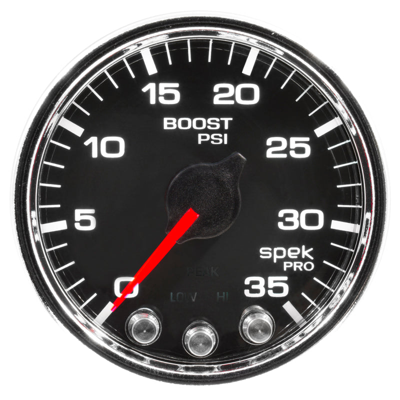 Autometer Spek-Pro Gauge Boost 2 1/16in 35psi Stepper Motor W/Peak & Warn Black/Chrome Gauges AutoMeter