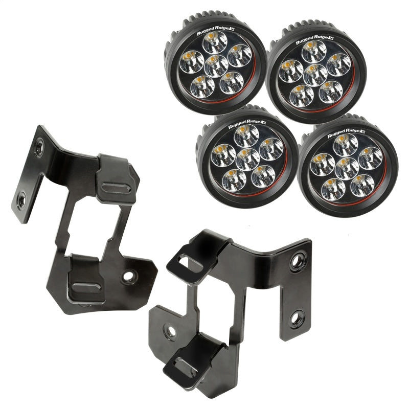 Rugged Ridge 07-18 Jeep Wrangler JK Semi-Gloss Black Round A-Pillar LED Light Mount Kit Light Mounts Rugged Ridge