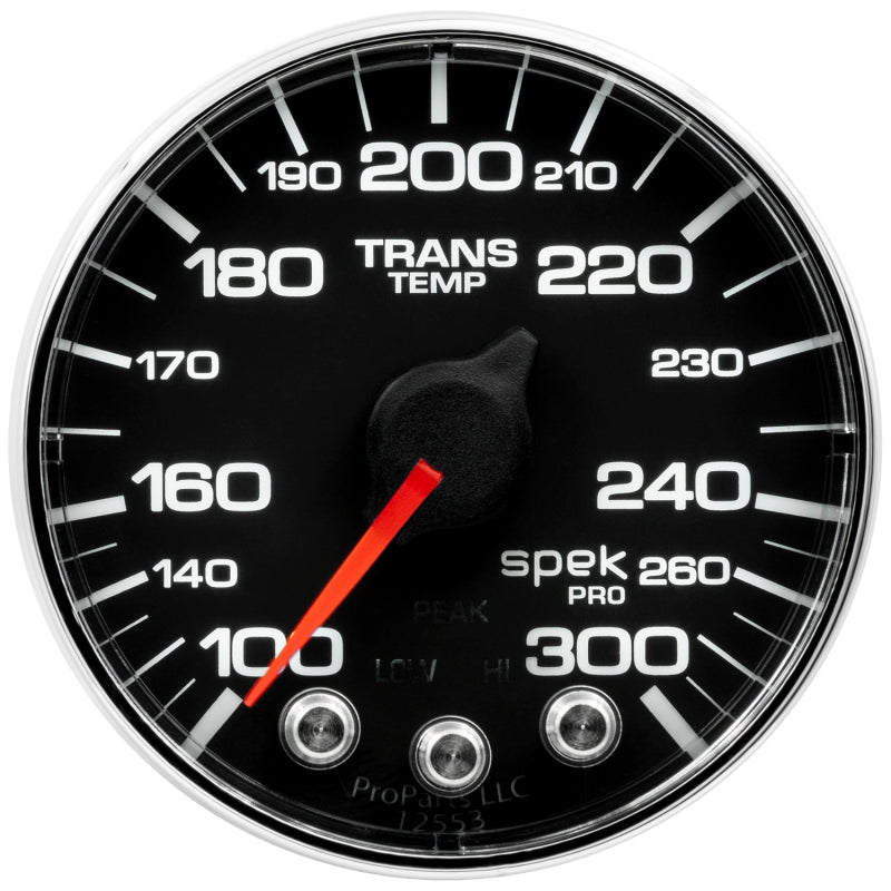 Autometer Spek-Pro Gauge Trans Temp 2 1/16in 300f Stepper Motor W/Peak & Warn Blk/Chrm Gauges AutoMeter