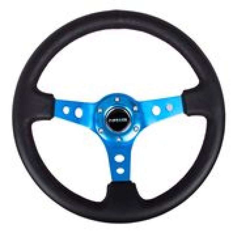 NRG Reinforced Steering Wheel (350mm / 3in. Deep) Blk Leather w/Blue Circle Cutout Spokes Steering Wheels NRG