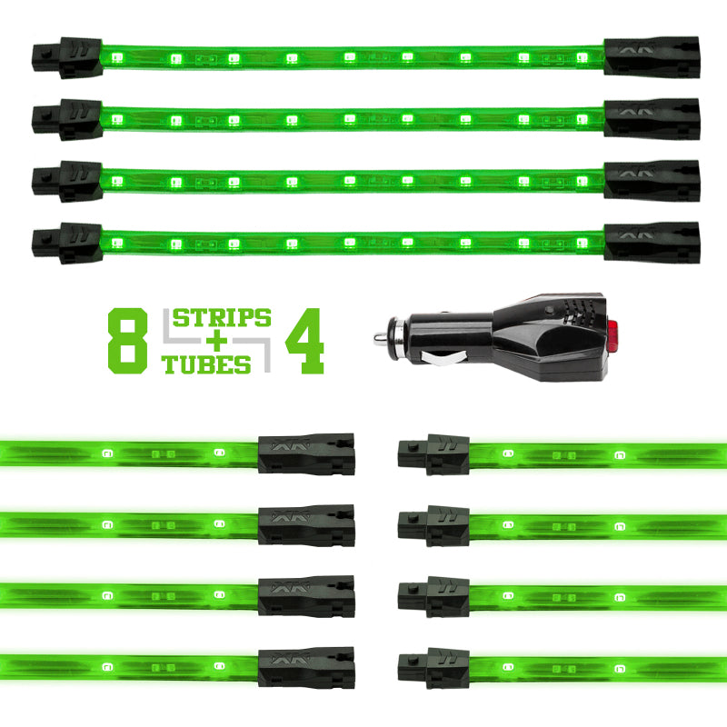 XK Glow Strip Single Color Underglow LED Accent Light Car/Truck Kit Green - 8x24In Tube + 4x8In Light Accessories and Wiring XKGLOW