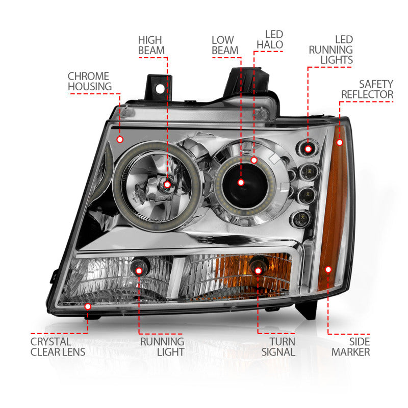ANZO 2007-2013 Chevrolet Avalanche Projector Headlights w/ Halo Chrome Headlights ANZO