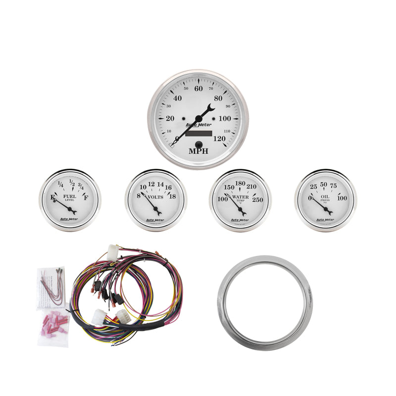 Autometer Old Tyme White 5 Piece Kit (MPH/FUEL/OILP/WTMP/BAT) 59-60 Chevy Car Direct-Fit Dash Kit Gauges AutoMeter